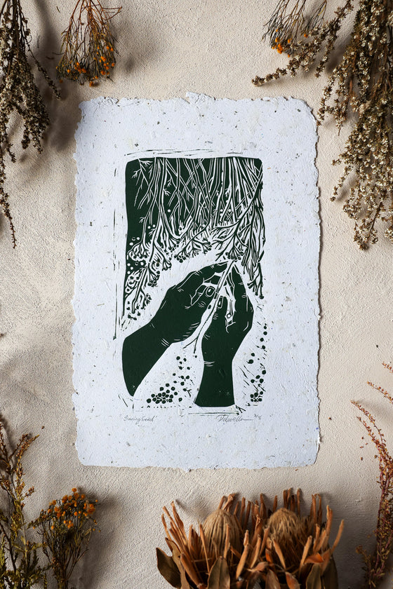 Saving seed -  Handmade lino print on nettle infused recycled paper