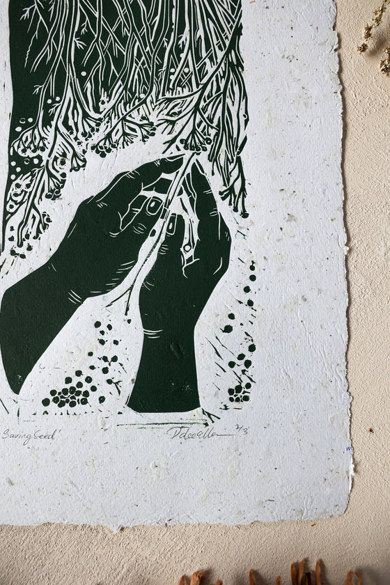 Saving seed -  Handmade lino print on nettle infused recycled paper