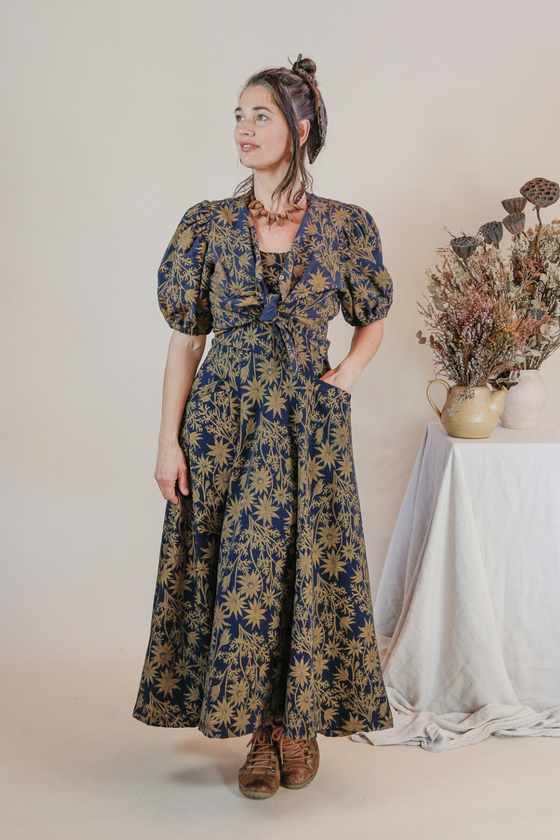 Linen Puff Top - Gold Flannel Flower Print